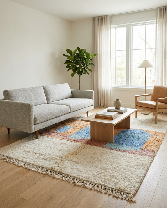 Bold abstract color block Moroccan rug in cream, terracotta, and blue in a bright room with a small wooden table and rattan chairs, by NURA.