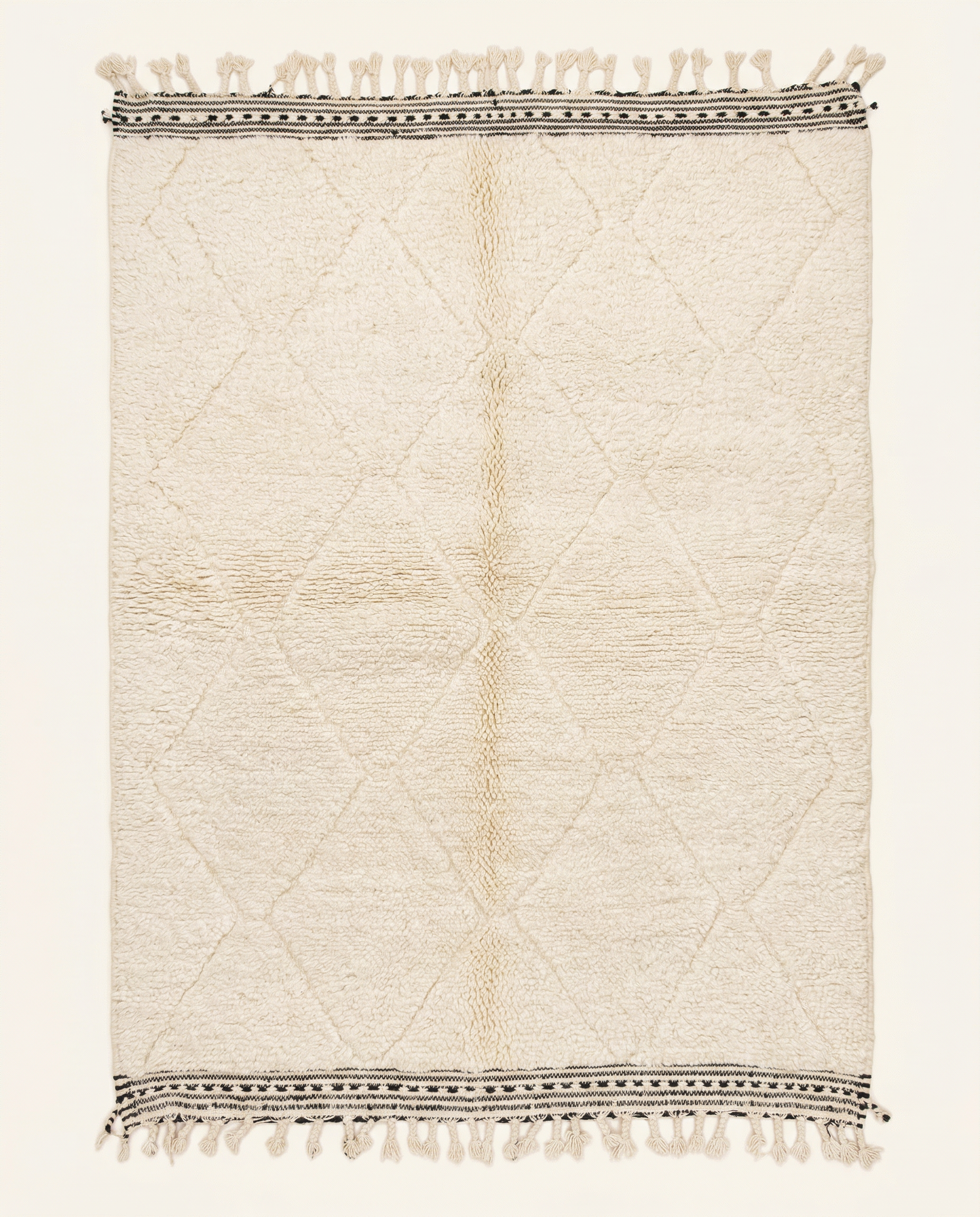 Plush cream Beni Ourain Moroccan rug with a sparse diamond lattice and flat-woven striped end bands, by NURA.