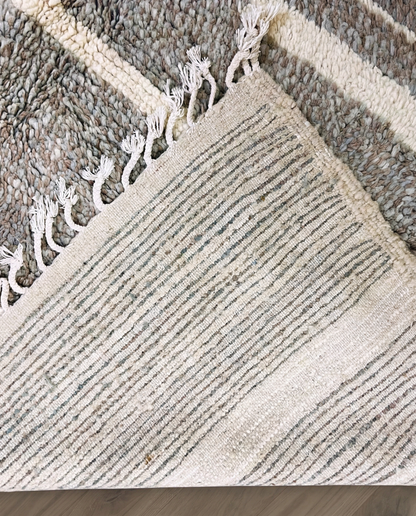 NESRINE Beni Ourain taupe broken stripe Moroccan rug back view showing traditional handwoven construction, by NURA