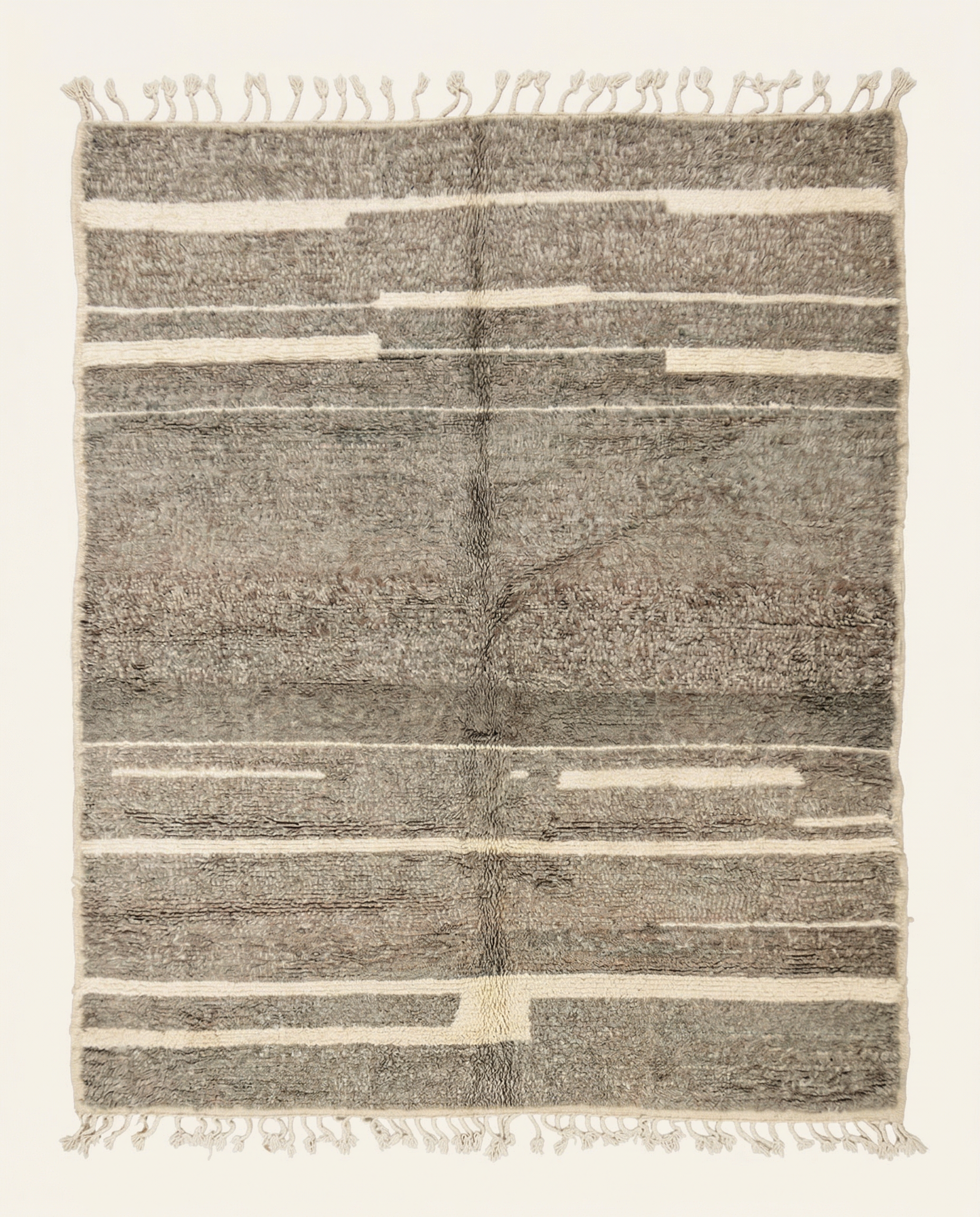 Plush taupe and cream Beni Ourain Moroccan rug with modern broken horizontal stripes and a thick high pile, by NURA.