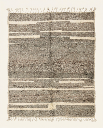 Plush taupe and cream Beni Ourain Moroccan rug with modern broken horizontal stripes and a thick high pile, by NURA.