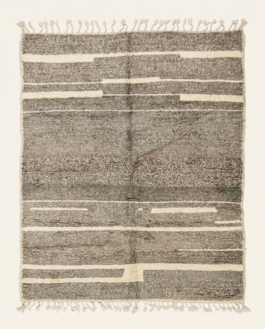 Plush taupe and cream Beni Ourain Moroccan rug with modern broken horizontal stripes and a thick high pile, by NURA.