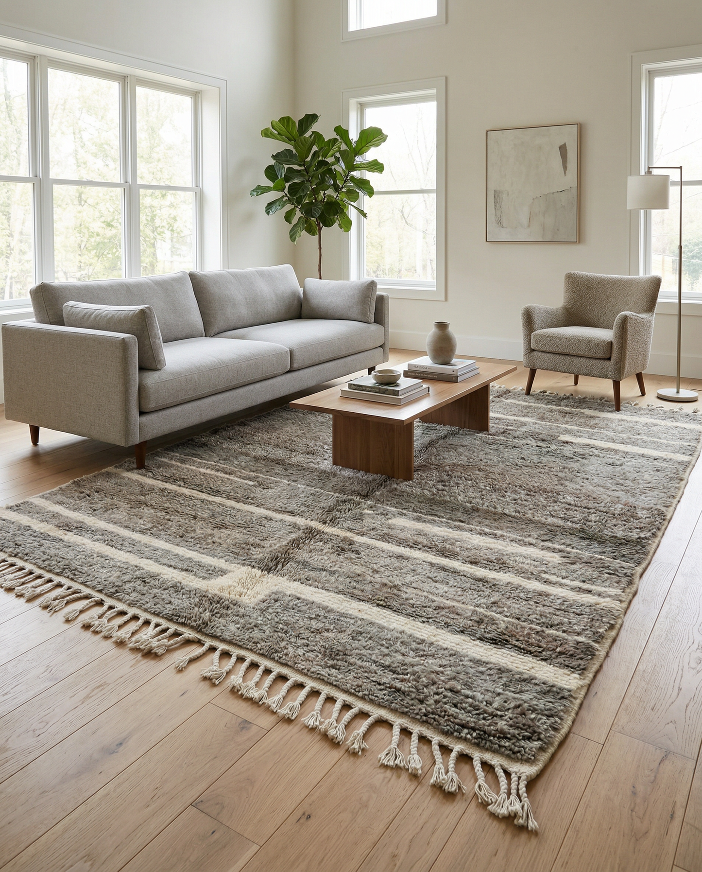 Taupe broken stripe Moroccan rug in a bright modern room with a yellow textured wall and blue accents, by NURA.