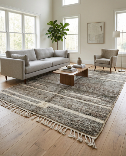Taupe broken stripe Moroccan rug in a bright modern room with a yellow textured wall and blue accents, by NURA.