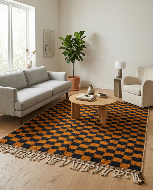 Bold burnt orange and black checkerboard Moroccan rug in a bright, minimalist space with tiled floors, by NURA.
