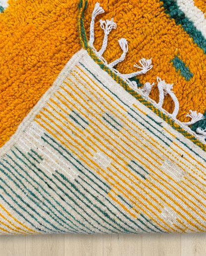 NOUR Beni Ourain saffron striped framed field Moroccan rug back view showing traditional handwoven construction, by NURA