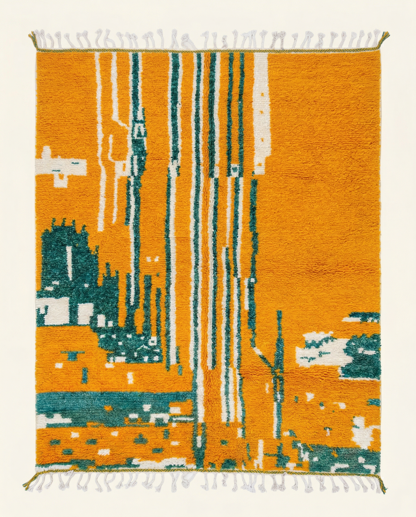 Plush saffron Beni Ourain Moroccan rug with irregular white stripes and a thick teal border, by NURA.