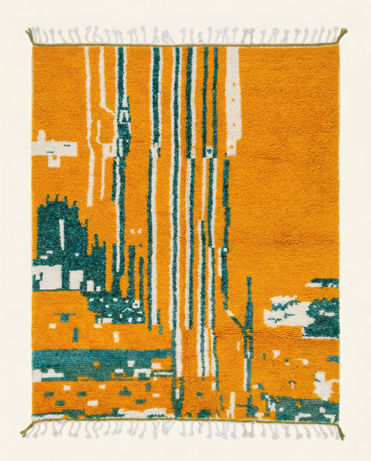 Plush saffron Beni Ourain Moroccan rug with irregular white stripes and a thick teal border, by NURA.