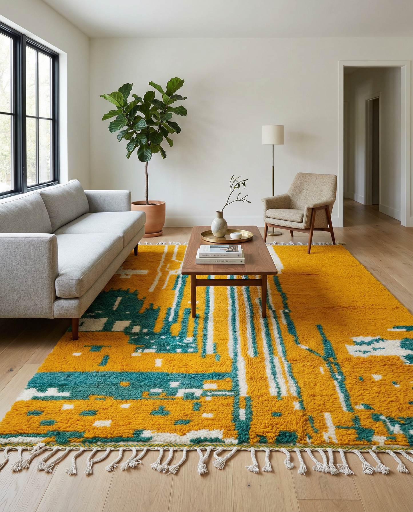 Bold saffron and teal Moroccan rug in a bright modern room with a yellow textured wall and wooden chair, by NURA.