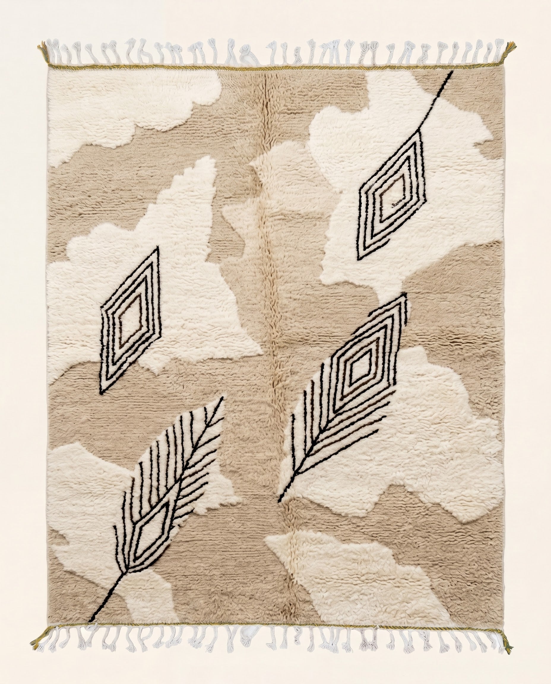 Plush Beni Ourain Moroccan rug featuring organic cream shapes and dark geometric diamond motifs on a warm beige wool pile by NURA.