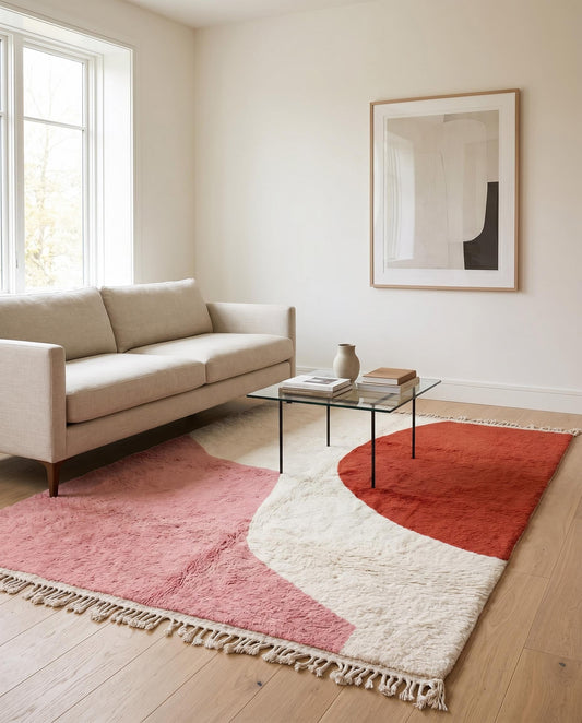 A contemporary red, pink, and cream color block Moroccan rug styled in a modern living room with a beige sofa, by NURA.