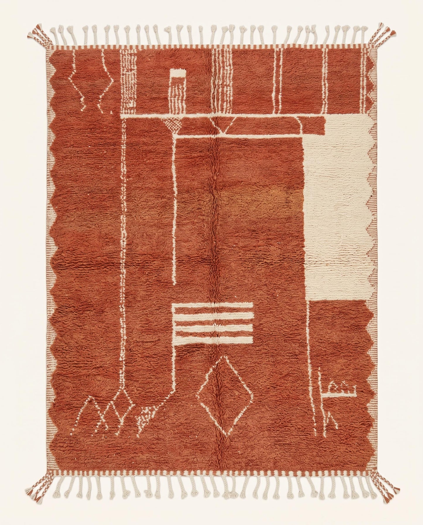 A plush terracotta Boujad Moroccan rug with asymmetrical cream lines and a flatwoven patterned border, crafted by NURA.