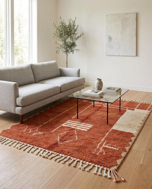 A warm terracotta Moroccan rug with cream abstract linework styled in a modern living room with natural light, by NURA.