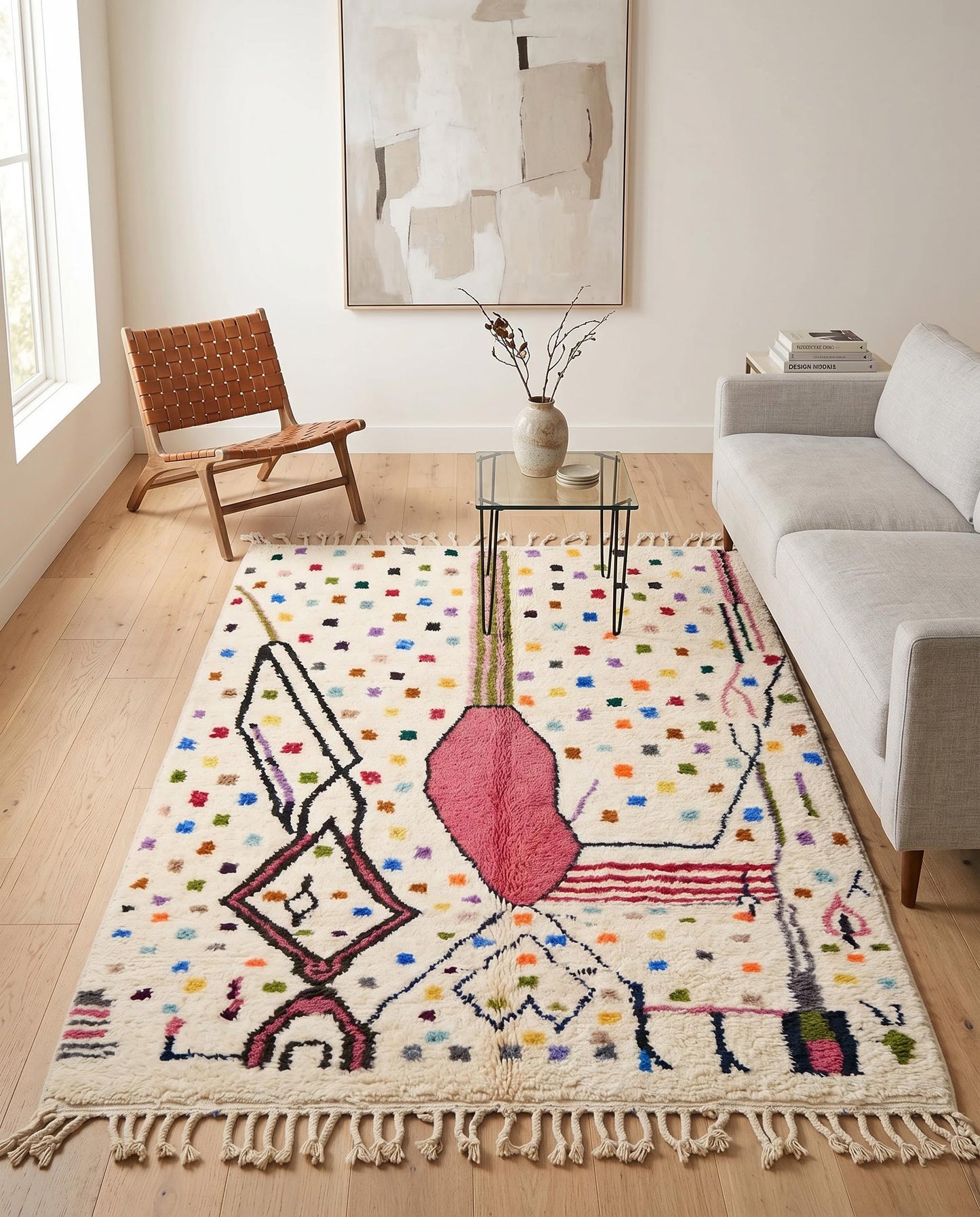 A playful Azilal Moroccan rug with a pink abstract motif and colorful dots styled in a bright, contemporary living room by NURA.