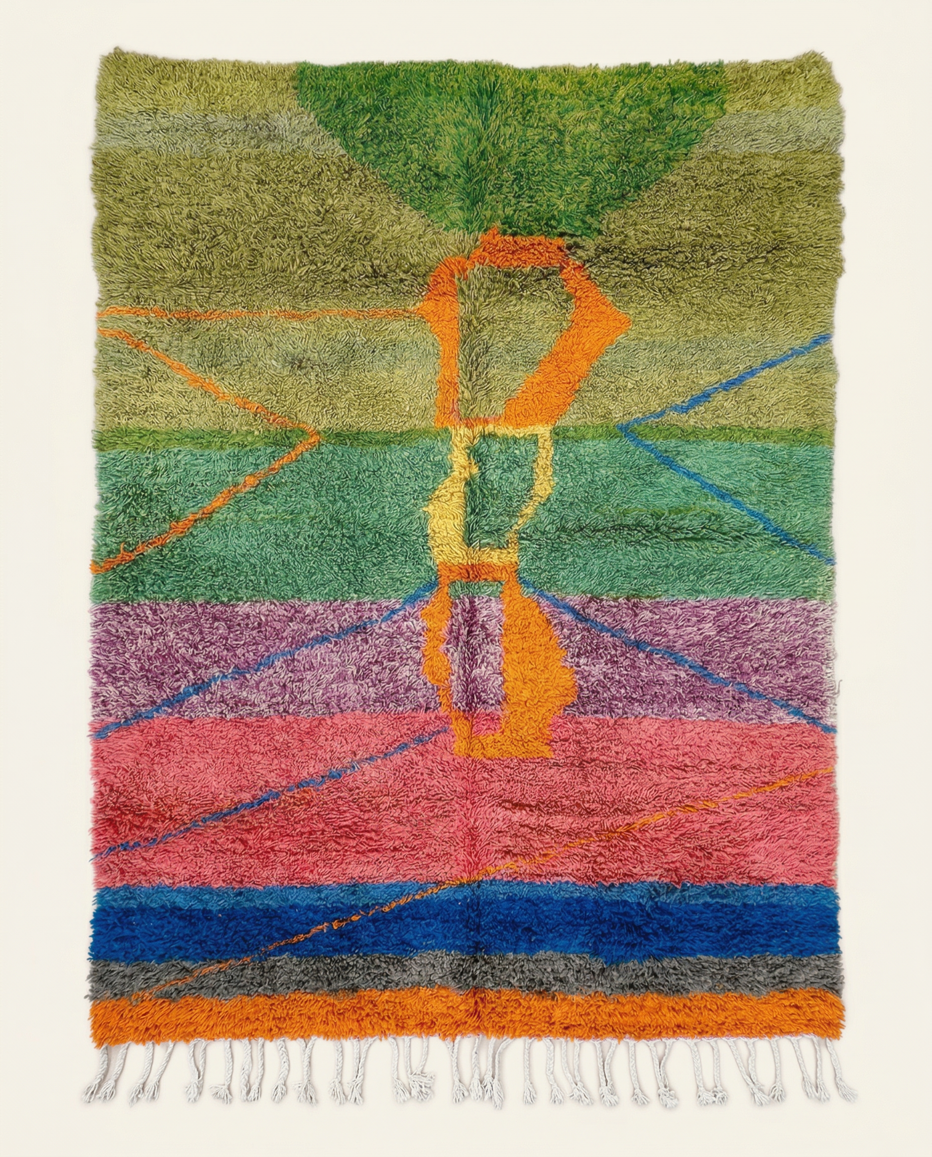 Plush multi-colored Azilal Moroccan rug with bold abstract color blocks in green, pink, and orange, by NURA.