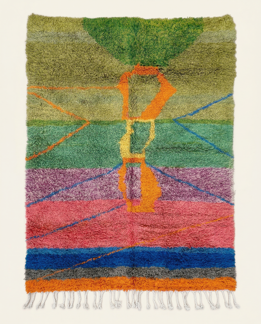 Plush multi-colored Azilal Moroccan rug with bold abstract color blocks in green, pink, and orange, by NURA.