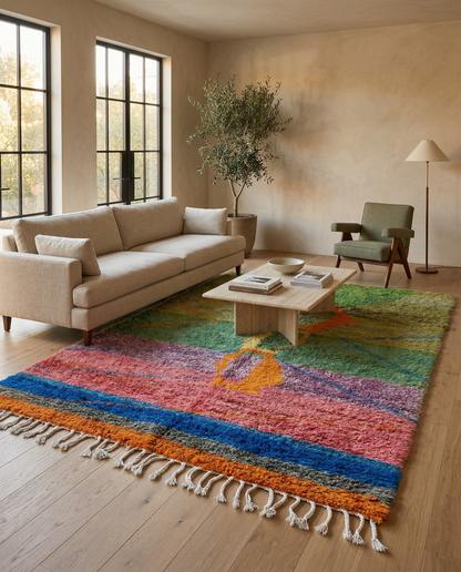 Vibrant abstract color block Moroccan rug in a bright modern space with a potted plant, by NURA.