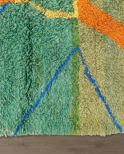OUMAIMA Azilal green abstract color block Moroccan rug close-up showing hand-knotted wool texture and pile detail 1, by NURA