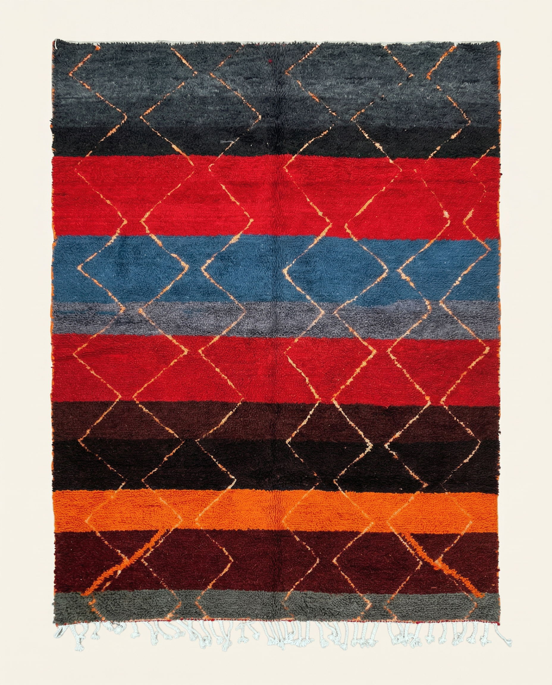 Plush multicolor Azilal Moroccan rug with bold horizontal bands and a large diamond lattice, by NURA.