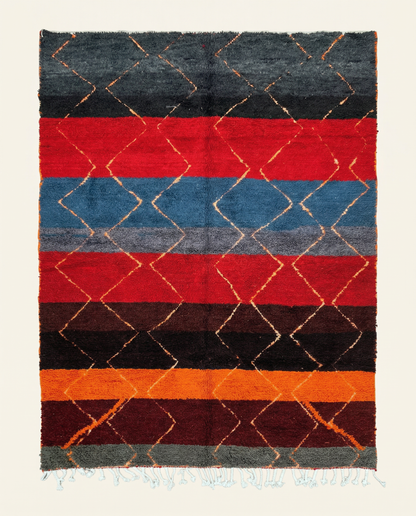 Plush multicolor Azilal Moroccan rug with bold horizontal bands and a large diamond lattice, by NURA.