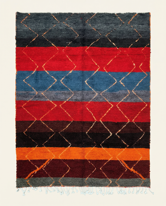 Plush multicolor Azilal Moroccan rug with bold horizontal bands and a large diamond lattice, by NURA.