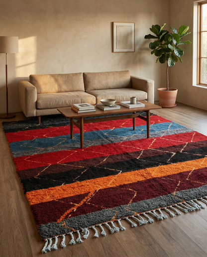 Bold multicolor Azilal Moroccan rug with diamond lattice in a bright modern space with a potted plant, by NURA.