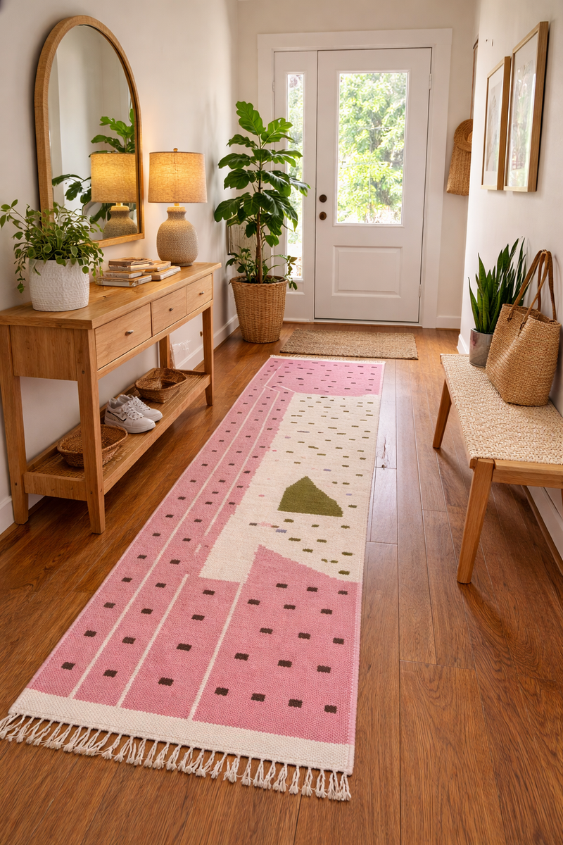 Pink Moroccan runner rug with cream details and fringes styled in a warm entryway with wood flooring, natural decor, plants, and a wooden console table.