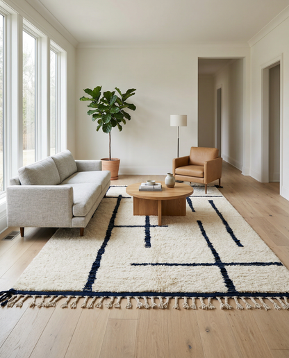 Cream Beni Ourain Moroccan rug with bold navy lines displayed in a bright space with a potted plant and blue shutters, by NURA.
