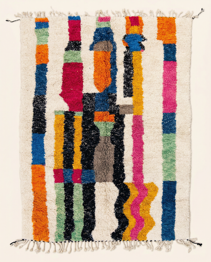 Plush ivory Beni Ourain Moroccan rug with bold multicolor horizontal stripes and wavy bands in a thick high pile, by NURA.