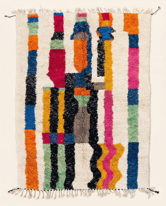 Plush ivory Beni Ourain Moroccan rug with bold multicolor horizontal stripes and wavy bands in a thick high pile, by NURA.