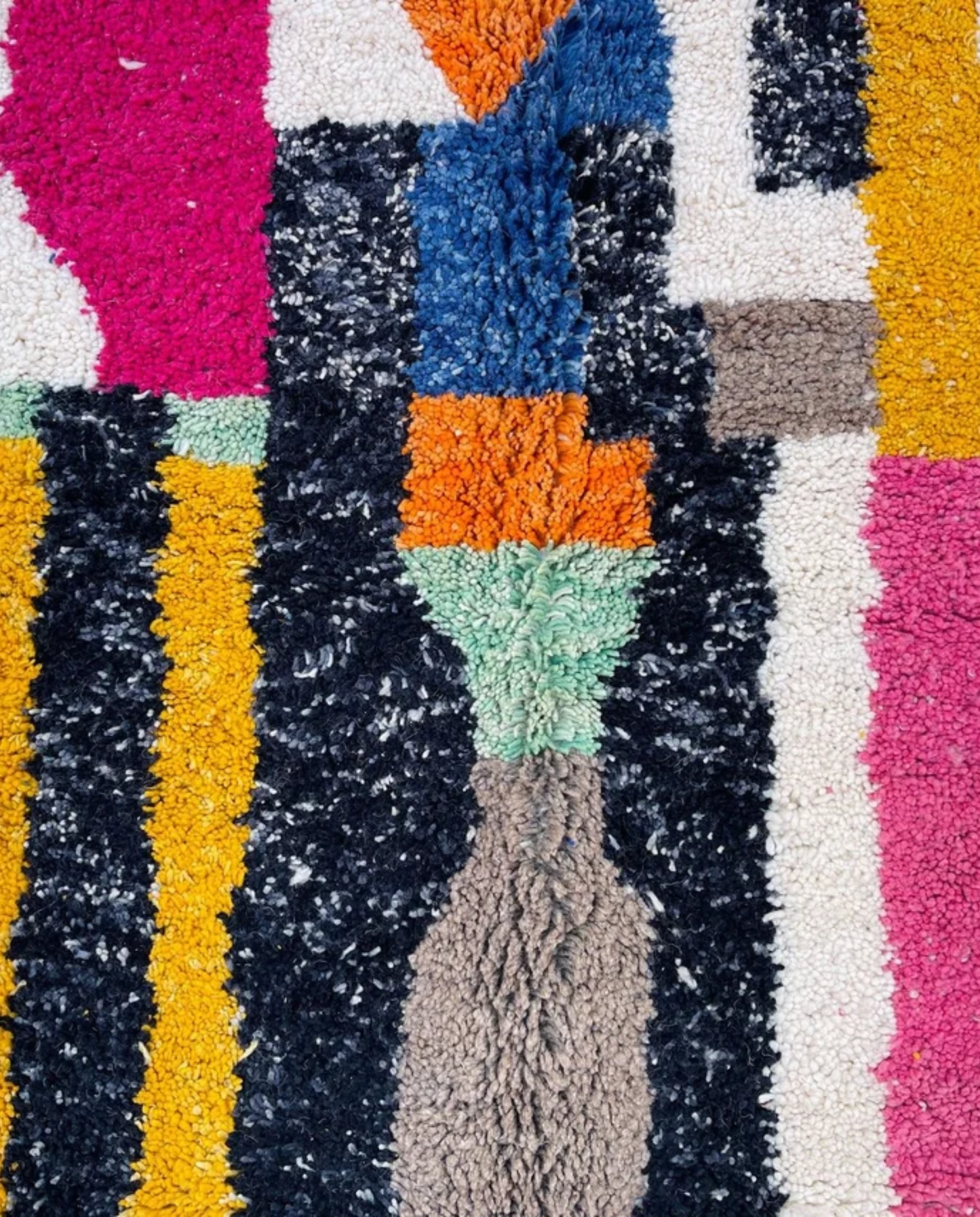 RABIA Beni Ourain ivory abstract striped field Moroccan rug close-up showing hand-knotted wool texture and pile detail 1, by NURA