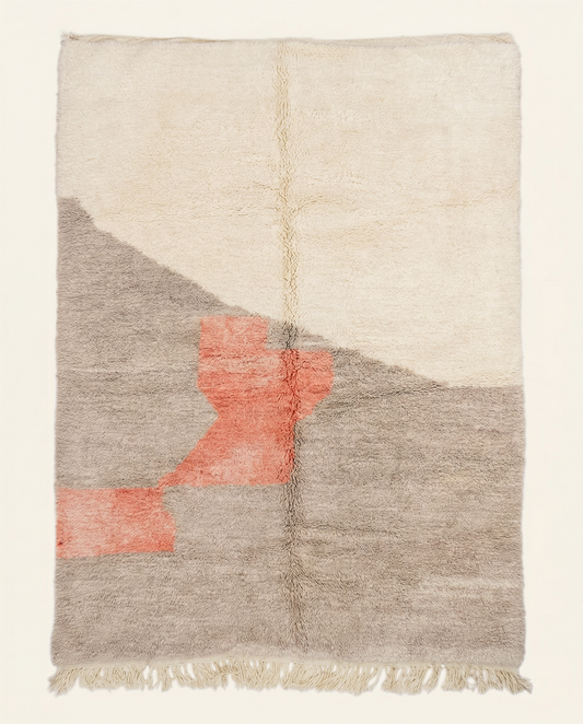 Plush cream and grey Azilal Moroccan rug with a bold abstract pink color block and high pile, by NURA.
