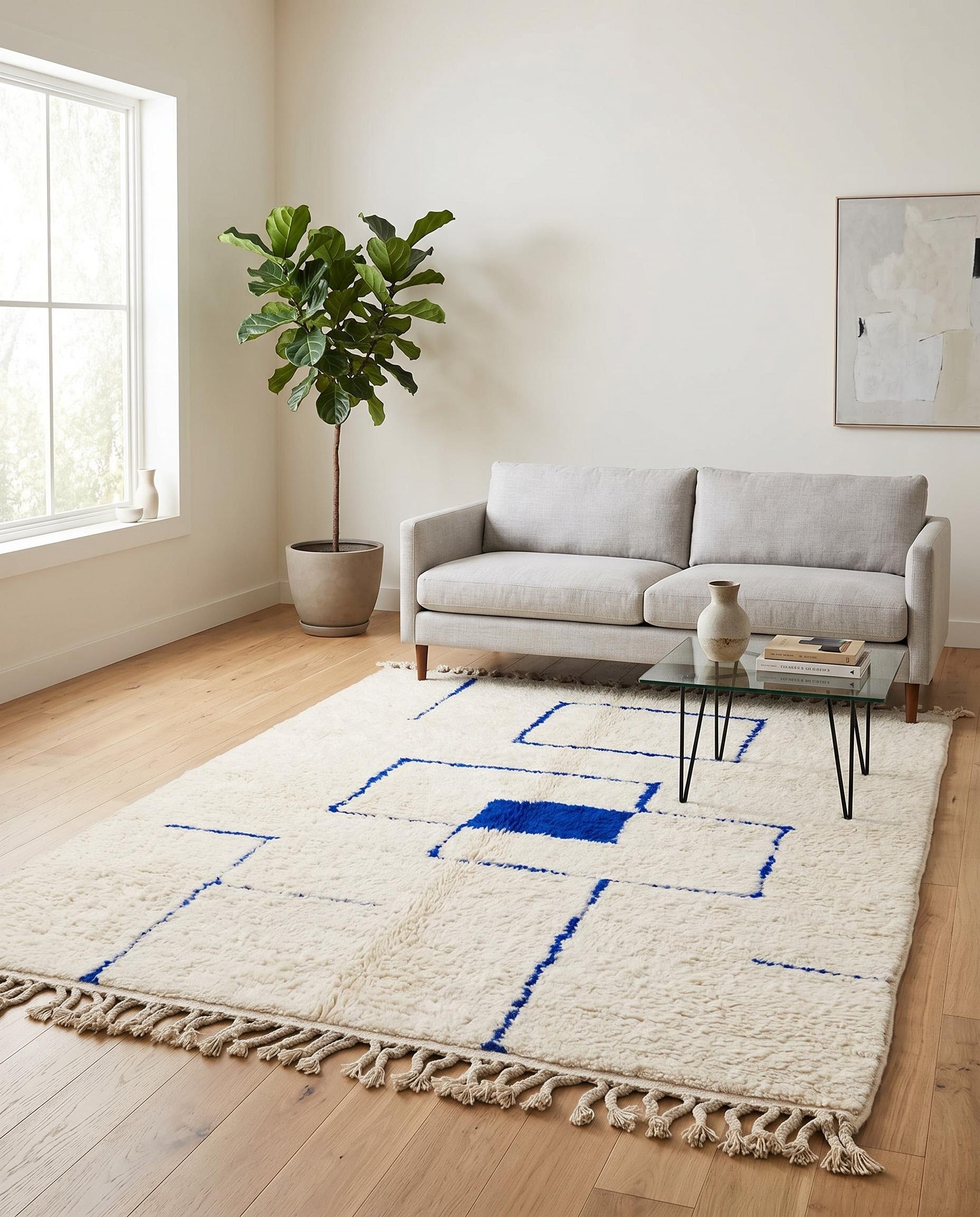 A plush cream and blue geometric Moroccan rug by NURA, styled in a bright modern living room with minimalist decor.