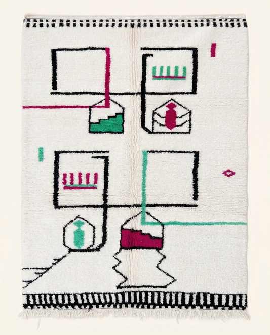 Plush ivory Azilal Moroccan rug with playful abstract geometric motifs in hot pink, mint green, and black, by NURA.