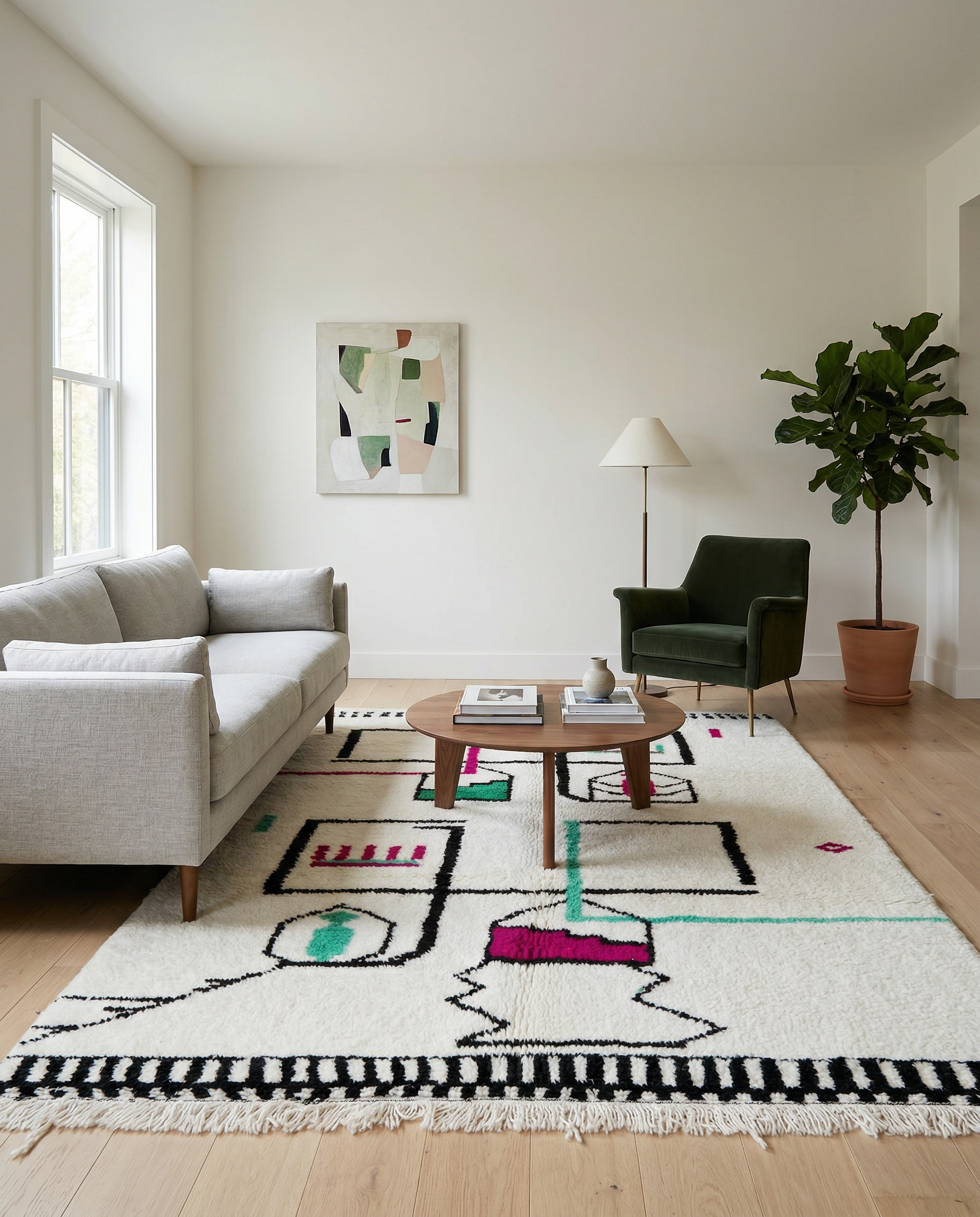 Plush ivory Azilal Moroccan rug with hot pink and mint green abstract motifs in a bright, minimalist room setting, by NURA.
