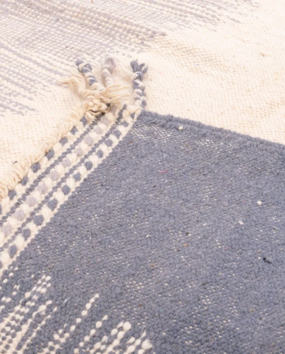 RAHMA Taznakht ivory vertical color block Moroccan rug back view showing traditional handwoven construction, by NURA