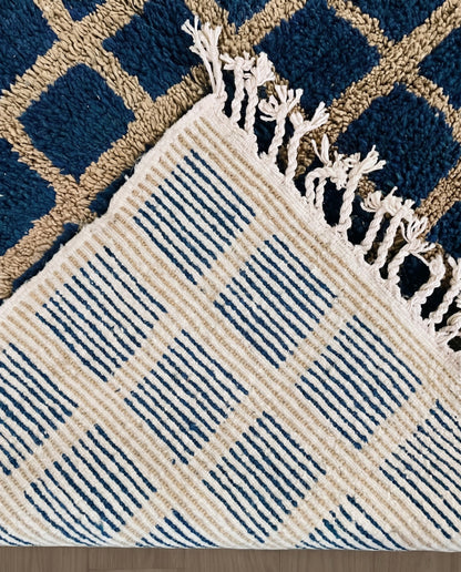 RAMA Beni Ourain navy checker grid Moroccan rug back view showing traditional handwoven construction, by NURA