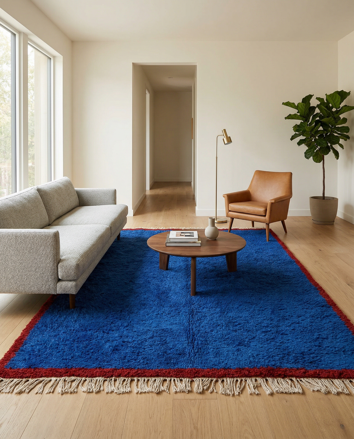 Bold cobalt blue Moroccan rug with a thick red border in a minimal room setting with a woven leather chair, by NURA.