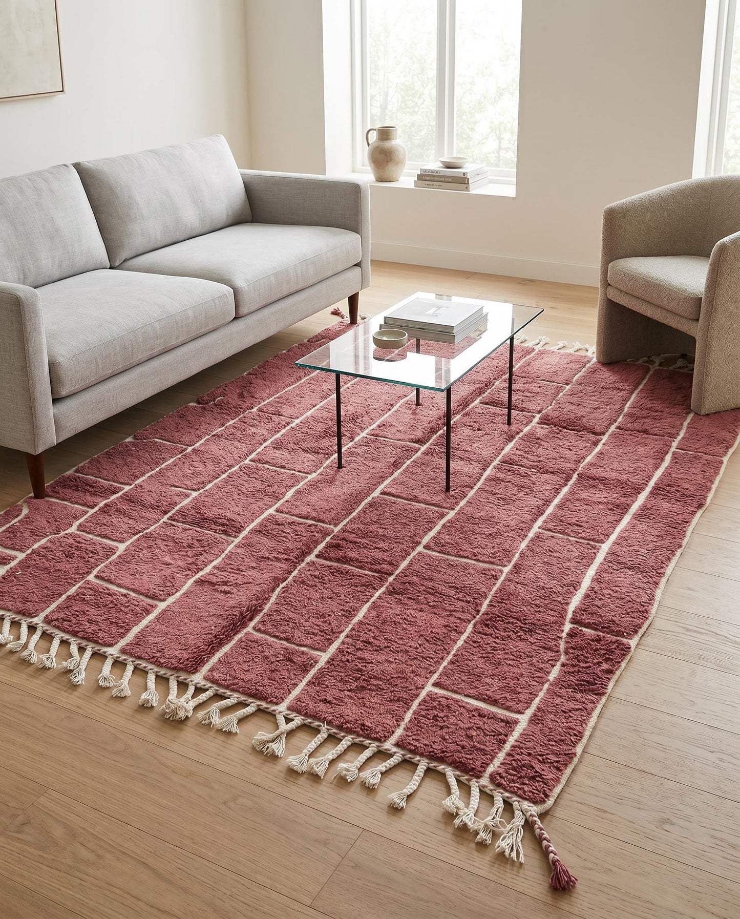 A dusty rose Moroccan rug with an irregular cream block grid, styled in a modern living room setting by NURA.