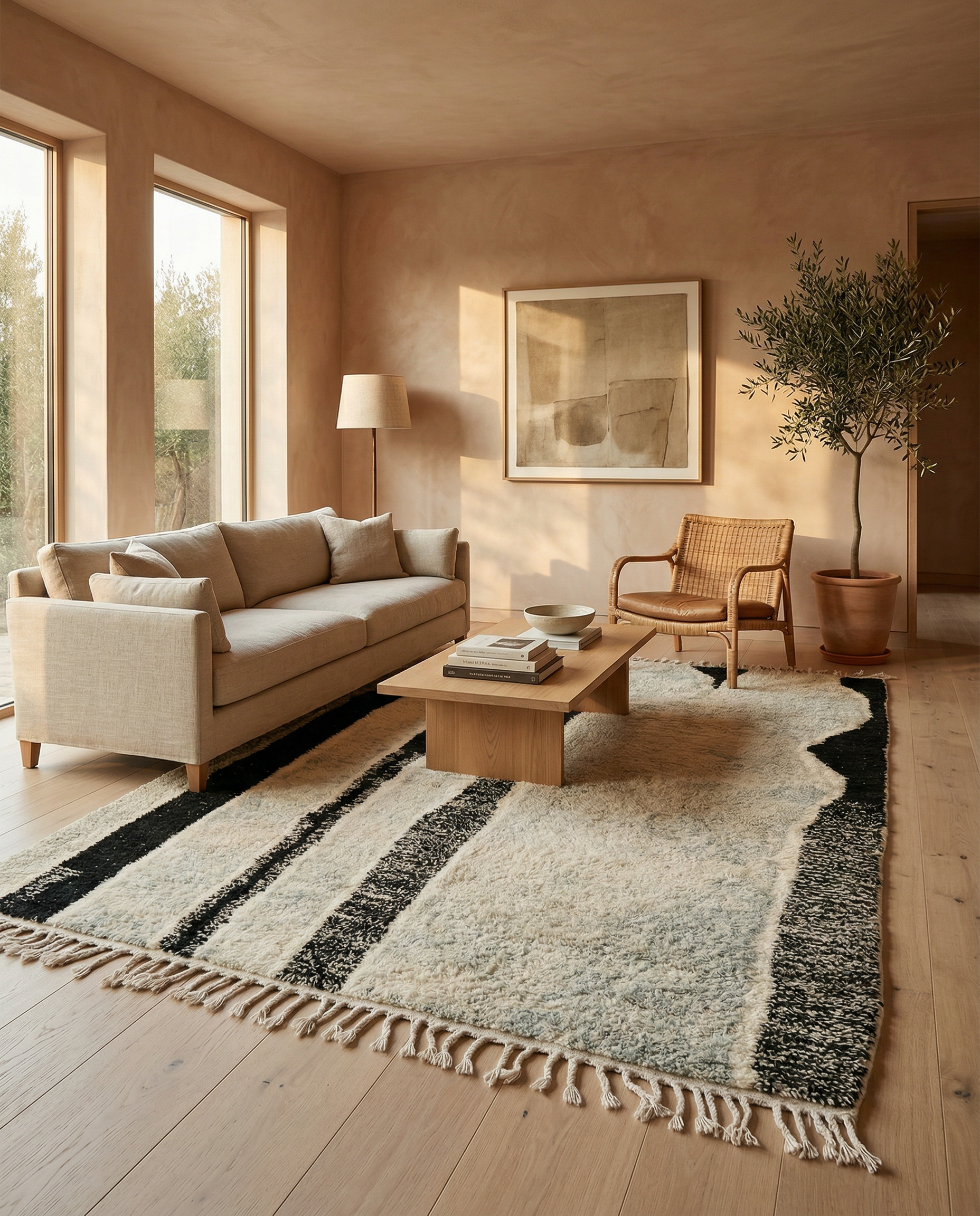 Ivory and black striped Beni Ourain Moroccan rug displayed in a bright room with a yellow textured wall and green plant, by NURA.
