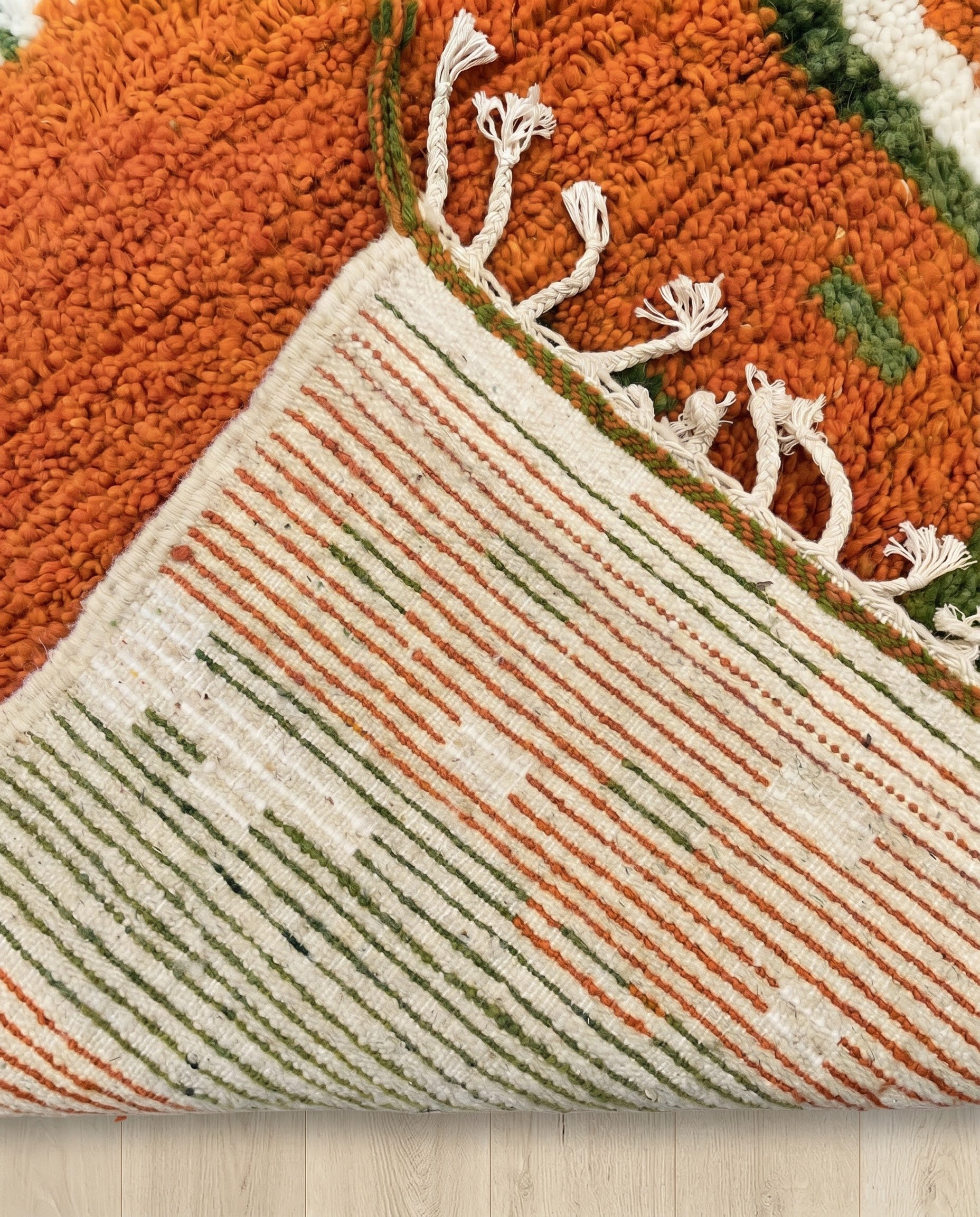 RIHANE Boujad rust organic abstract Moroccan rug back view showing traditional handwoven construction, by NURA