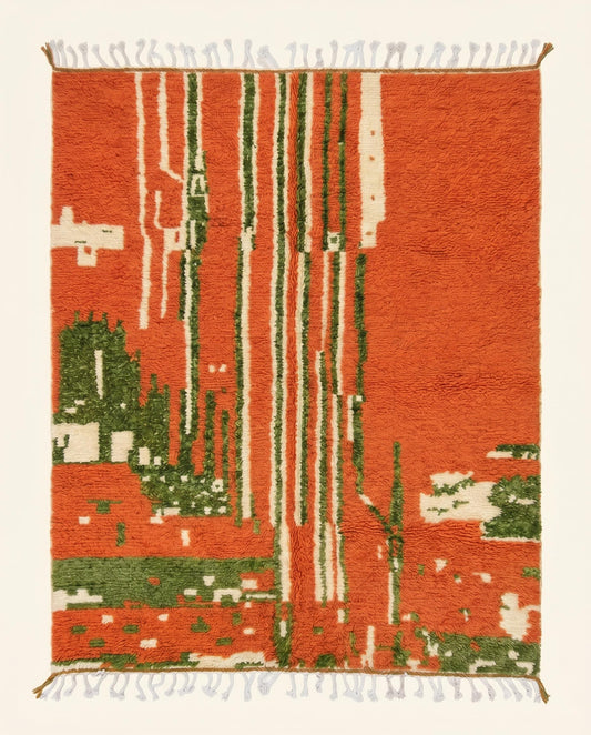 A vibrant rust Boujad Moroccan rug by NURA with an organic abstract pattern of forest green and cream blocks in plush wool pile.