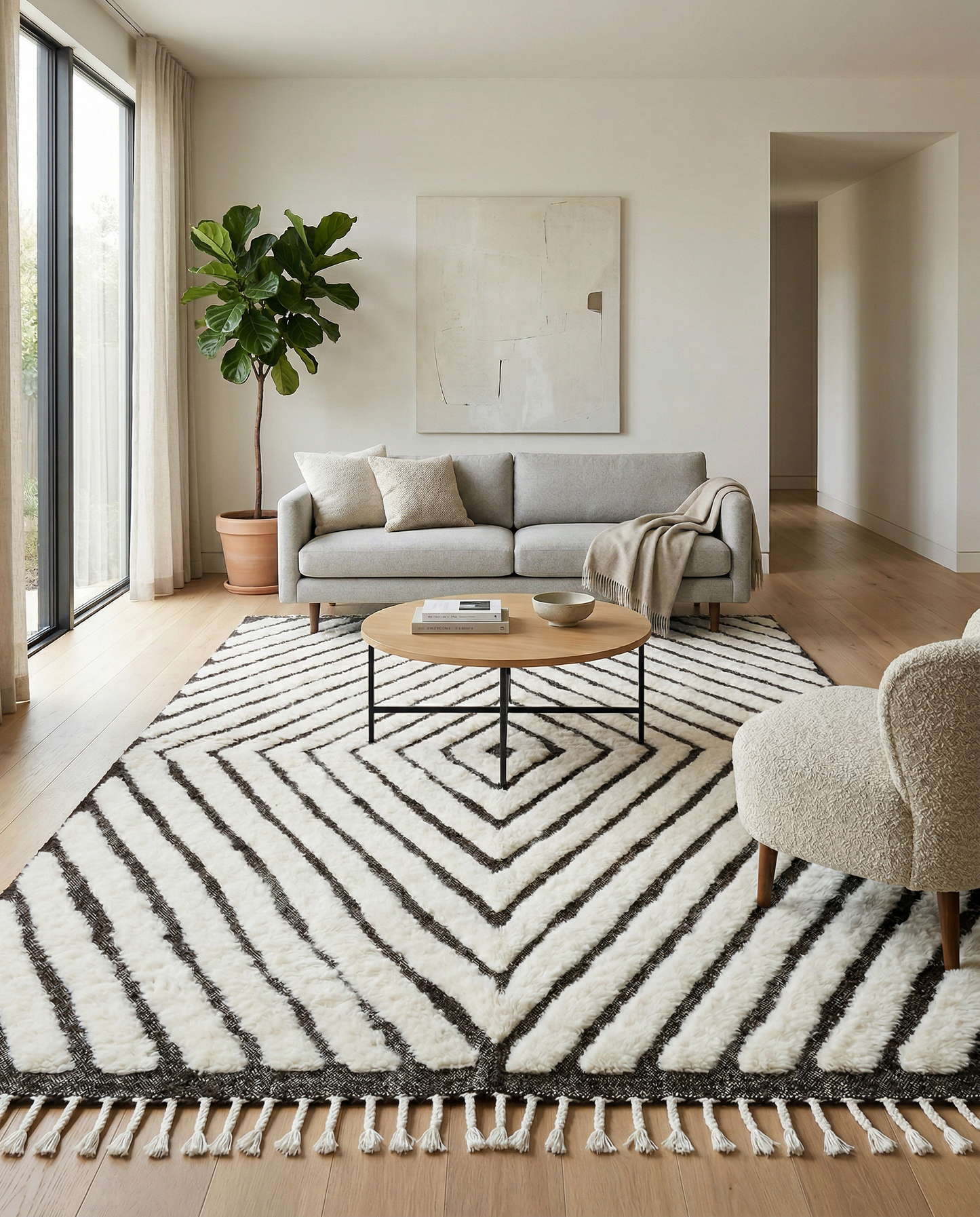 Charcoal and ivory Beni Ourain Moroccan rug with a large concentric diamond pattern in a rustic showroom setting, by NURA.