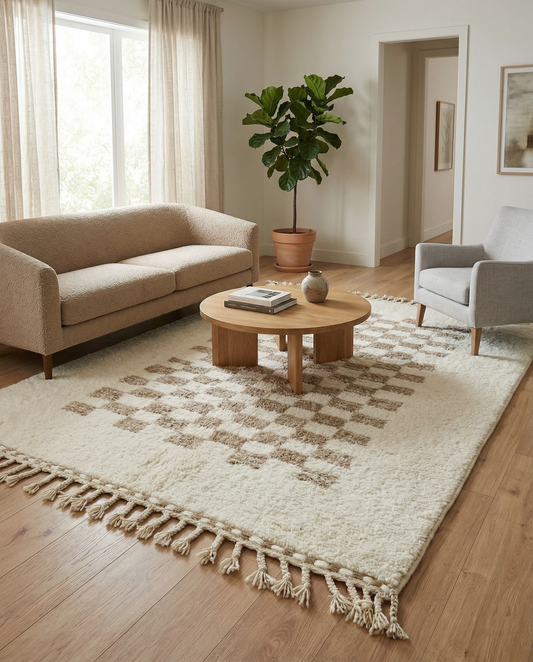 Plush cream and taupe checkerboard Moroccan rug displayed in a bright showroom setting with wooden floors, by NURA.