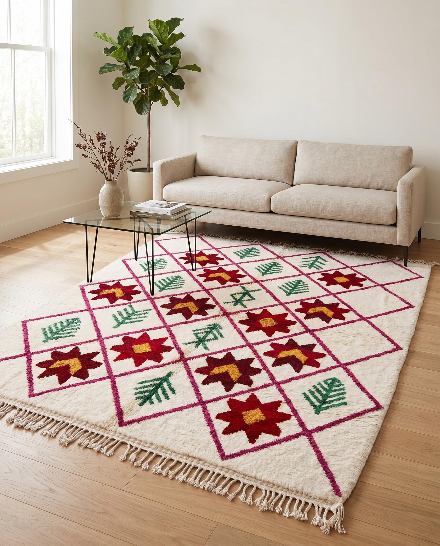 The Moroccan rug styles a bright living room, its vibrant diamond lattice and botanical motifs adding a cozy, eclectic touch.