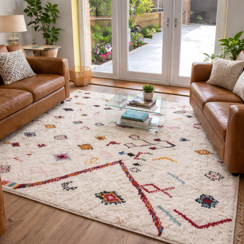 Cream Moroccan wool rug with colorful Berber motifs styled in a bright living room with brown leather sofas, a glass coffee table, wood flooring, and garden doors.