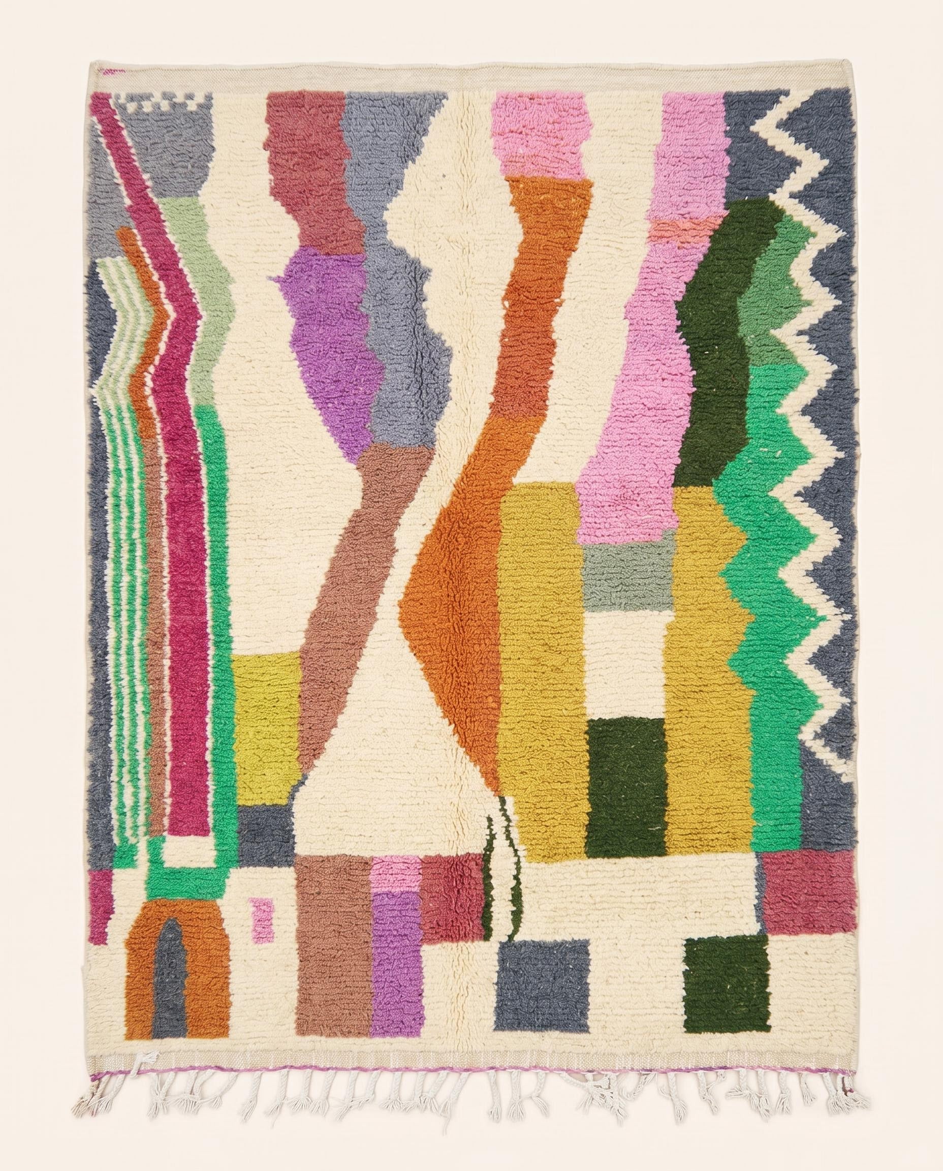 A vibrant Azilal Moroccan rug by NURA featuring bold organic abstract shapes in pink, green, and mustard on a plush cream wool pile.