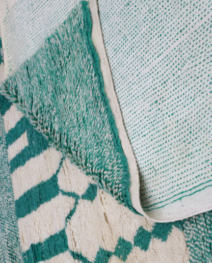 SABIRA Beni Ourain green color block geometric Moroccan rug back view showing traditional handwoven construction, by NURA