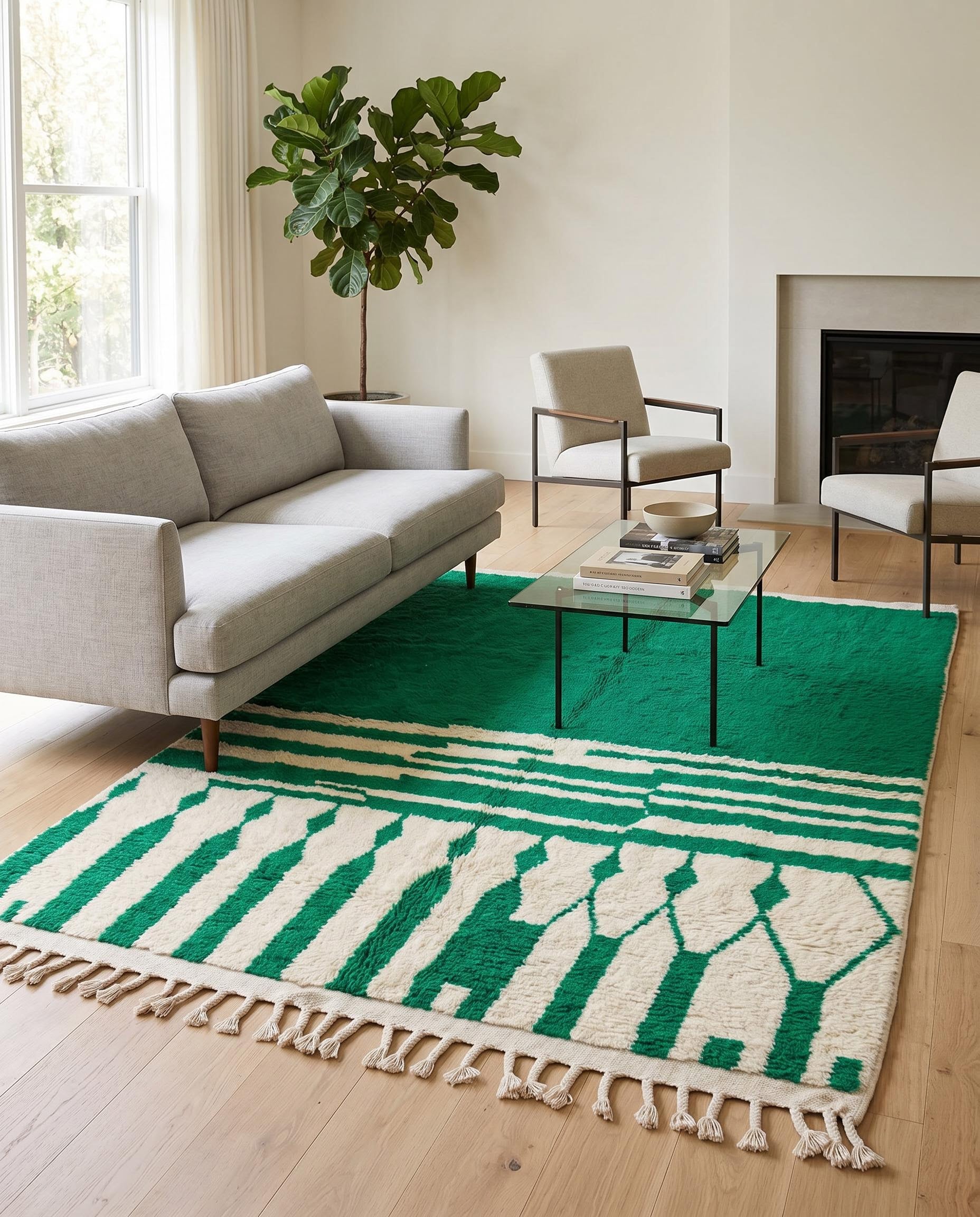 A vibrant green and cream geometric Moroccan rug adds a bold, plush foundation to a modern living room setting by NURA.
