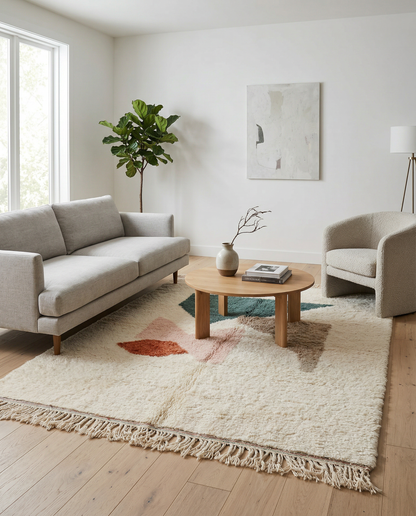 Cream Azilal Moroccan rug with abstract color blocks in a bright modern room with rattan chairs and natural light, by NURA.